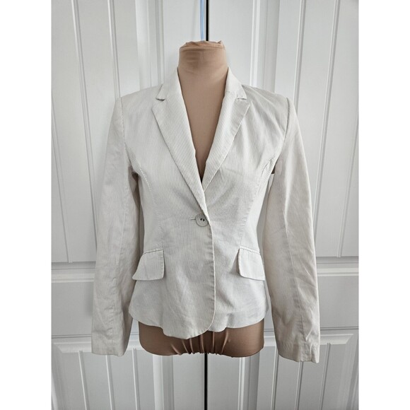 H&M White And Cream Striped Women's Suit Blazer Jacket Size 4 European Size 34 - Picture 1 of 15